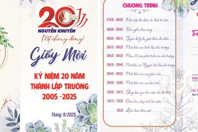 BGH Trường THCS Nguyễn Khuyến trân trọng kính mời quý vị đại biểu, quý thầy giáo, cô giáo, quý phụ huynh và các thế hệ học sinh đến tham dự Lễ kỷ niệm 20 năm thành lập trường