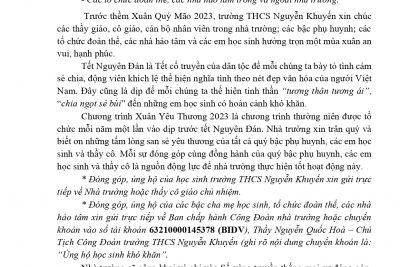 Thư kêu gọi ủng hộ học sinh có hoàn cảnh khó khăn, Tết Nguyên Đán Quý Mão 2023